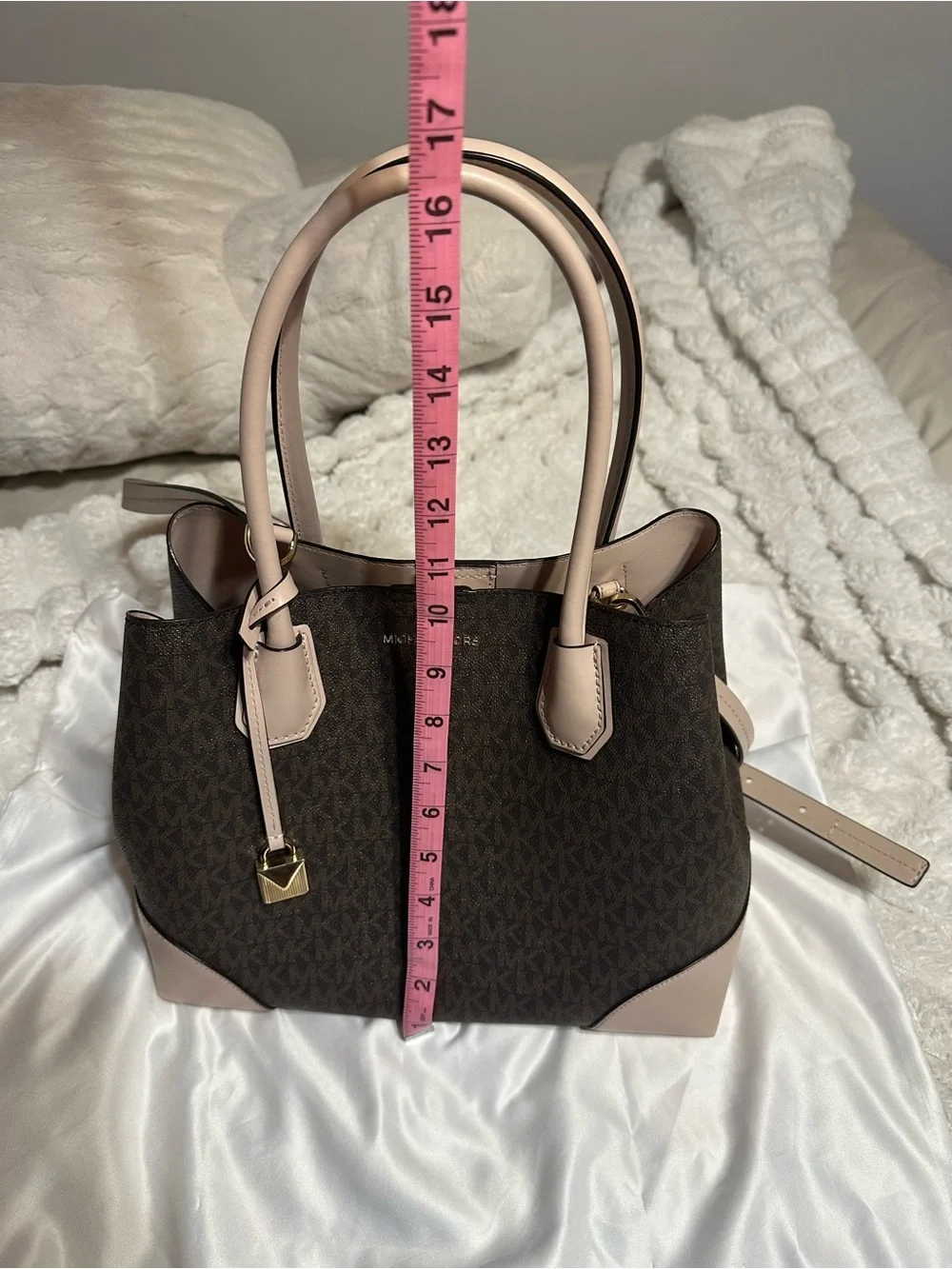 Michael Kors Dark Brown Monogram Tote with Blush Trim